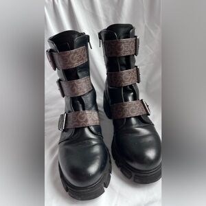 G by Guess Black Womens Size 7.5 Leather Ankle Boots with Brown Patterned Straps